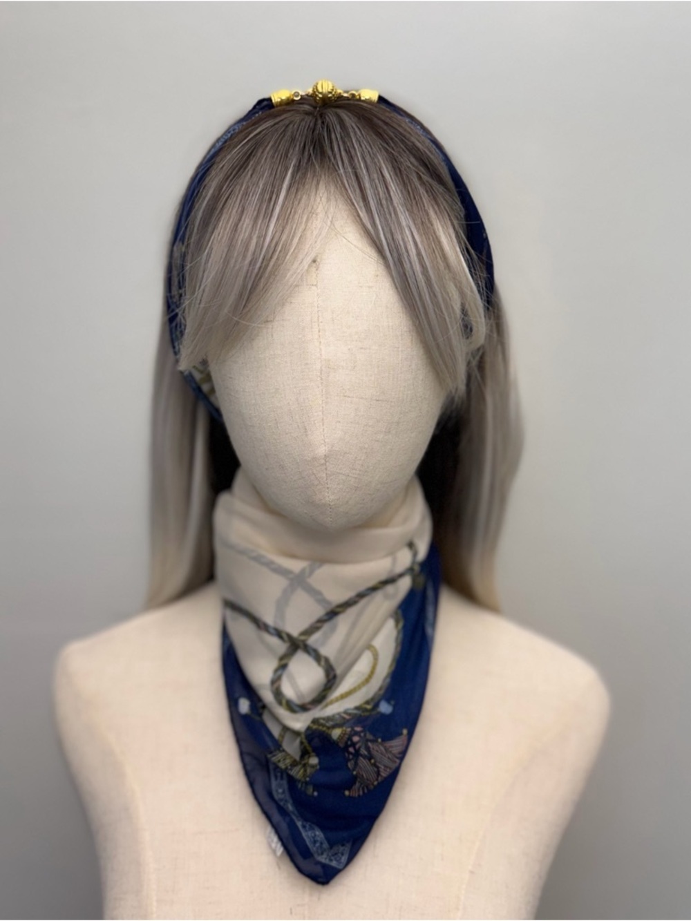 Navy Blue Square Scarf Chain Print Gold Detail Magnetic Corners 23”